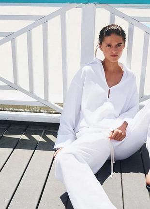 Сорочка zw collection з льоном і бахромою zara, біла лляна сорочка zara