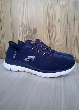 Синие кроссовки skechers оригинал, кеды на широкую ногу, слипоны сетка, лето деми, р. 41