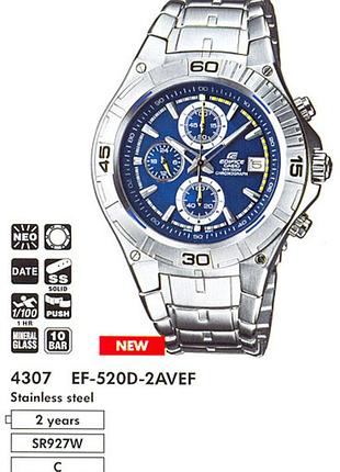 Мужские часы casio edifice ef-520d-2a стальной корпус водозащита 100 м синий циферблат