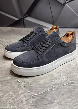 Мужские кеды на утолщенной подошве из натуральной замши 8045 серый