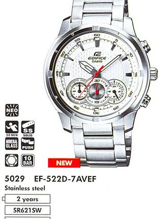 Мужские часы casio edifice ef-522d-7a стальной корпус водозащита 100 м белый циферблат