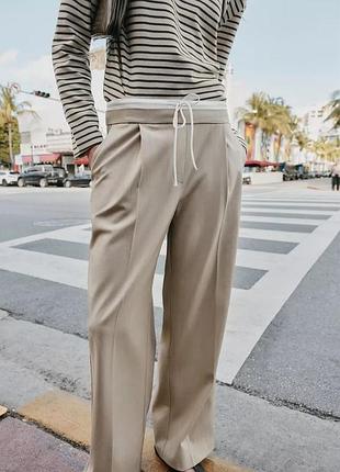 Широкі штани з подвійним поясом zara, бежеві брюки з подвійним поясом zara