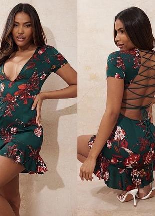Легка літня зелена сукня квітковий принт з відкритою спиною prettylittlething 36 xs