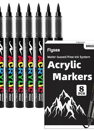 Акриловые маркеры кистевые flysea soft brush, 8 черных, для бумаги, ткани, дерева, стекла, камня, керамики и пластика