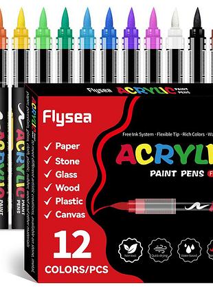 Акриловые маркеры кистевые flysea soft brush 12 цветов, для бумаги, ткани, дерева, стекла, камня, керамики и пластика (afb12)