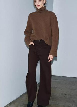 Джинси zw collection wide leg із високою посадкою zara, коричневі джинси wide leg zara