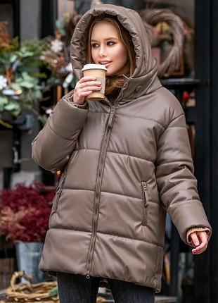 Куртка из эко кожи с капюшоном размер s/m; l/xl. кофе с молоком