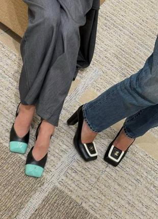 Туфлі chanel квадратний носок чорно білі