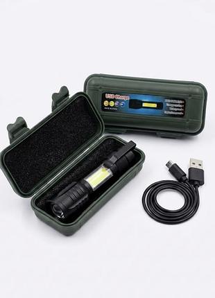 Акумуляторний ліхтарик xpe+cob з usb зарядкою в кейсі