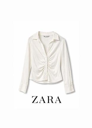 Жіноча біла сорочка zara з ефектом зборки, льон, s