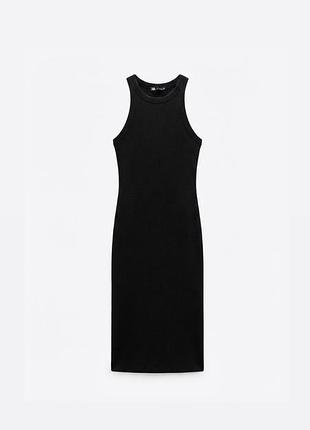 Черное базовое трикотажное миди-платье zara в рубчик / облегающее платье-майка с американской проймой