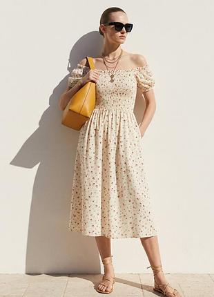 Сукня міді h&m з відкритими плечима, з квітковим, поплін, розмір s (36/44), талія на резинці