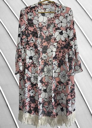 Женское розовое пляжное кимоно zara s m 44 46 зара накидка с цветочным принтом и бахромой полупрозрачный кардиган 44 46