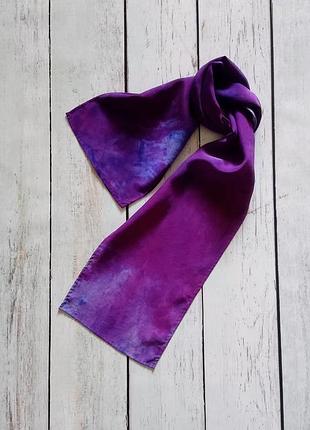 Шелковая лента твилли фиолетовая, шелковый платок батик бамбук, шарф шелк для волос фиолетовый, шарф 100% шелк шов роуль