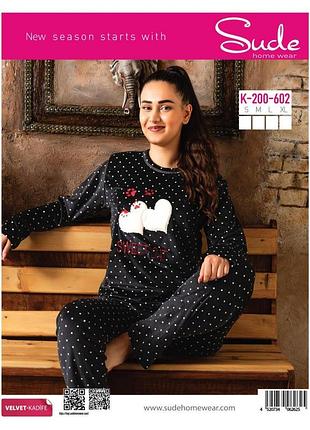 Пижама женская велюровая сердце s m l xl sude турция, черный xl