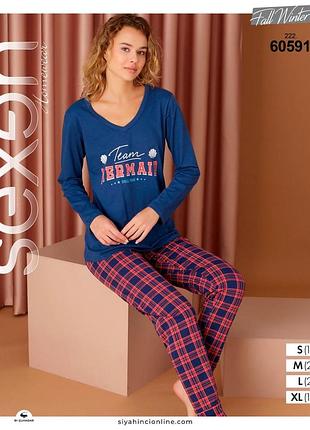 Женская тонкая хлопковая пижама в клетку sexen турция, синий l