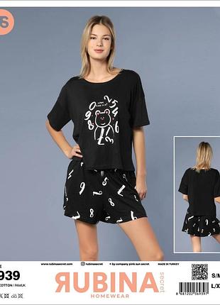 Пижама женская хлопковая шорты и футболка oversize rubina турция, черный