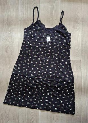 Ночнушка женская хлопковая на тонких бретелях в цветы р.l hnx турция, черный