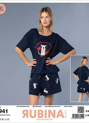 Пижама женская хлопковая шорты и футболка oversize rubina турция, синий