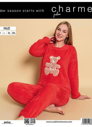Женская махровая(травка) пижама мишка charme турция, красный