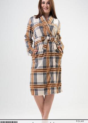Халат женский флисовый в клетку батал vienetta турция, коричневый 3xl