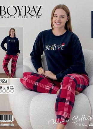 Пижама женская soft велюр в клетку boyraz турция, красный 2xl