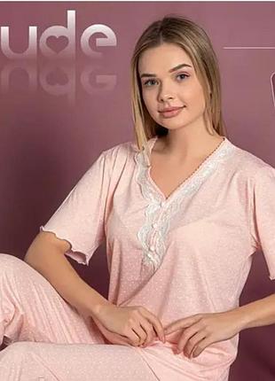 Женская тонкая пижама бамбук с коротким рукавом в горошек sude турция, персиковый xxl