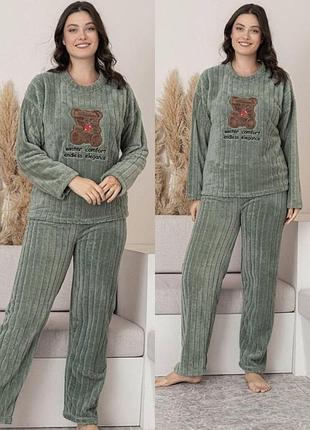 Женская тёплая пижама плюш шарпей мишка charme турция, зеленый 2xl