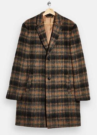 Чоловіче коричневе в клітку вовняне пальто topman