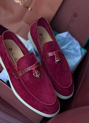 Замшевые женские лоферы loro piana бордо бургунди премиум качество