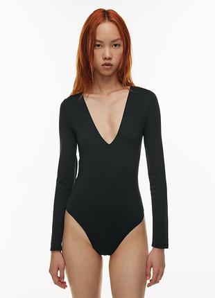 Базове чорне боді з довгим рукавом та глибоким вирізом бренд zara