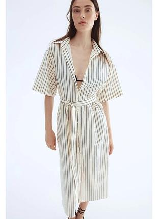 Льняное платье рубашка h&amp;m в полоску платье рубашка с поясом лен