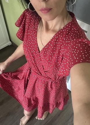 Shein s літня червона в білий горох сукня коротка під пасок з воланами трендова