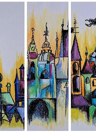 Авторський триптих" казкове місто". автор художник ірина зінік,  а3, 2011 рік створення. без рами.