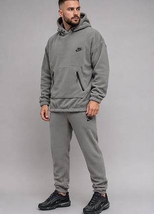 Чоловічий зимовий спортивний костюм nike polar fleece теплий флісовий худі + штани сірий бетон,полар фліс