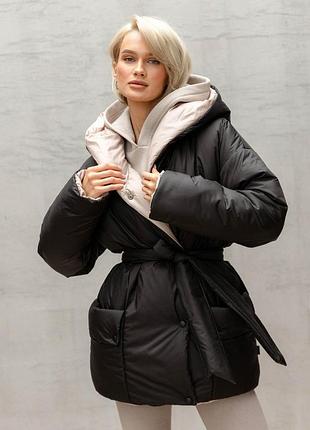 Двухсторонняя женская куртка l-xl. черный с бежевым