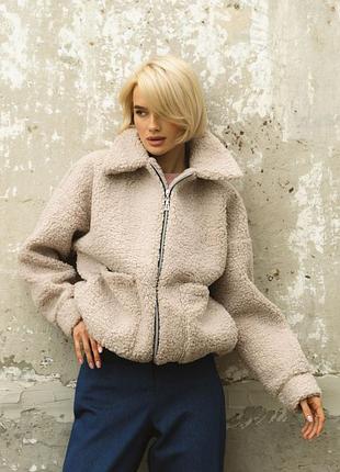 Бежева куртка-тедді з підкладкою l-xl