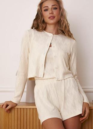 Женский домашний комплект майка, кофта, шорты l-xl. молочный
