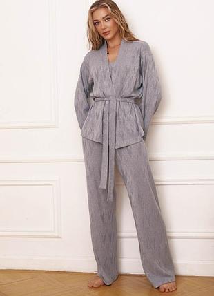 Женский домашний комплект штаны топ, кардиган xxl-3xl. серый