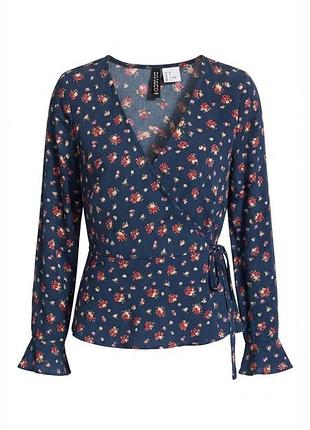 Темно-синяя блуза / топ h&m divided с запахом и цветочным принтом / блузка в цветы