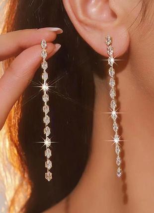 Сережки жіночі довгі з камінцями fashion jewelry золотисті