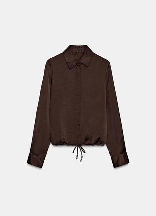 Сатинова вкорочена шоколадна сорочка zara розмір xs, s