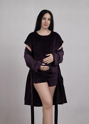 Пижама велюрова комплект тройка халат с пижамой баклажанный р.46-54