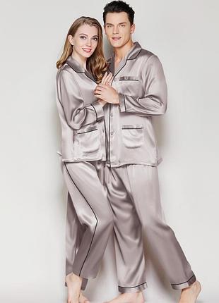 Пижамы парные шелковые family look серые он и она ( размеры 42-54 xs-xxl) xs