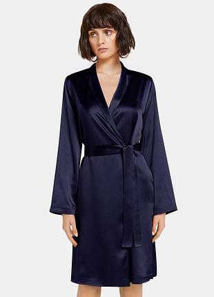 Женский шелковый халат с воротником синий (размеры 42-58 xs- 4xl) xs