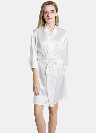 Жіночий шовковий халат атласний короткий білий (розміри 42-58 xs - 4xl) l