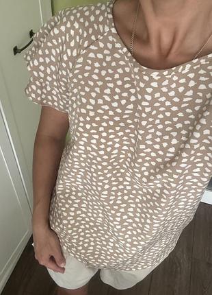 Xs/s shein стильна літня бежева в принт косуля біля цяточка блуза короткий рукав воланом під брюки шорти спідниці