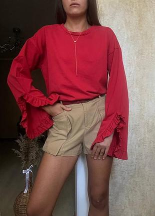 Червоний лонг із широкими рукавами з рюшами від zara