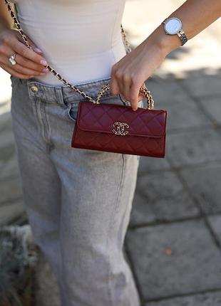 Сумка шанел  mini flap bag with top handle grained calfskin burgundy/