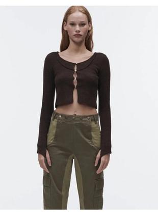 Коричневый шерстяной кардиган на пуговицах с отверстиями для пальцев zara